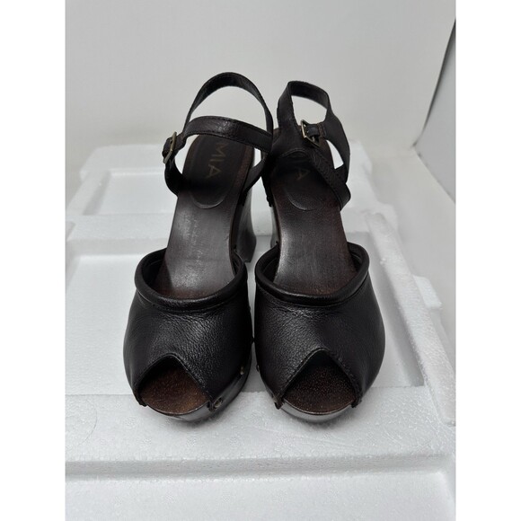 Mia Womens 9 Studed Clogs Sandals Black Leather Wood Heel Peep Toe - Picture 3 of 10